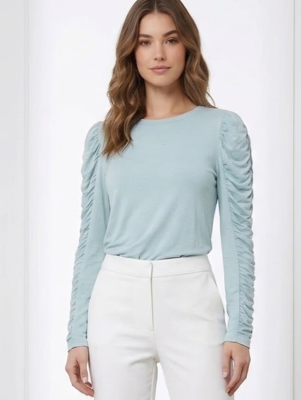 CUPIO Light Blue Ruched Sleeve Long Sleeve Top Small S